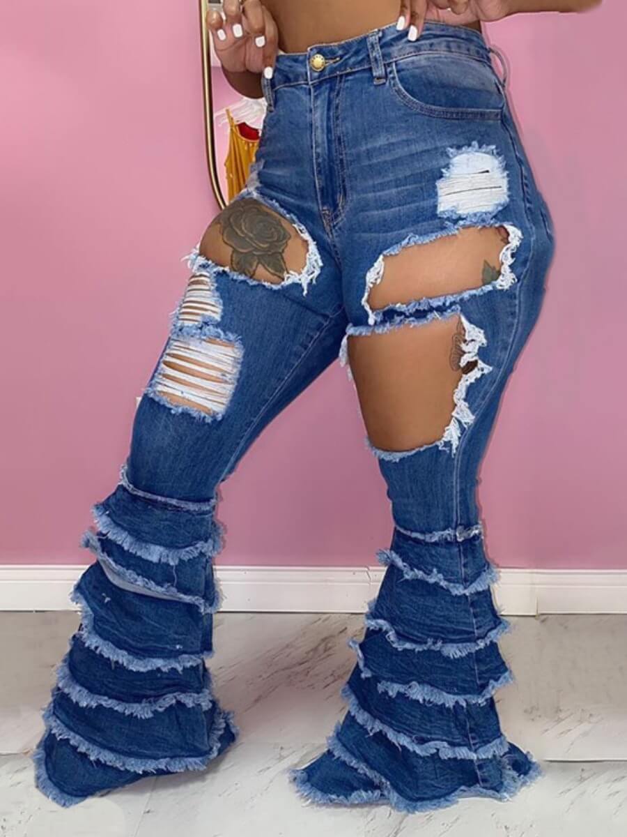 

Lovely Street Broken Holes Flared Deep Blue Jeans
