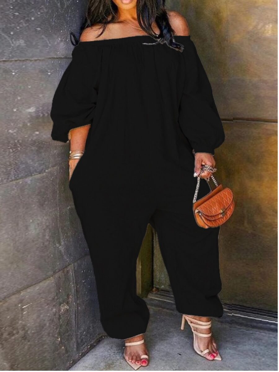 LW Plus Size Off The Shoulder Pocket Loose Jumpsuit