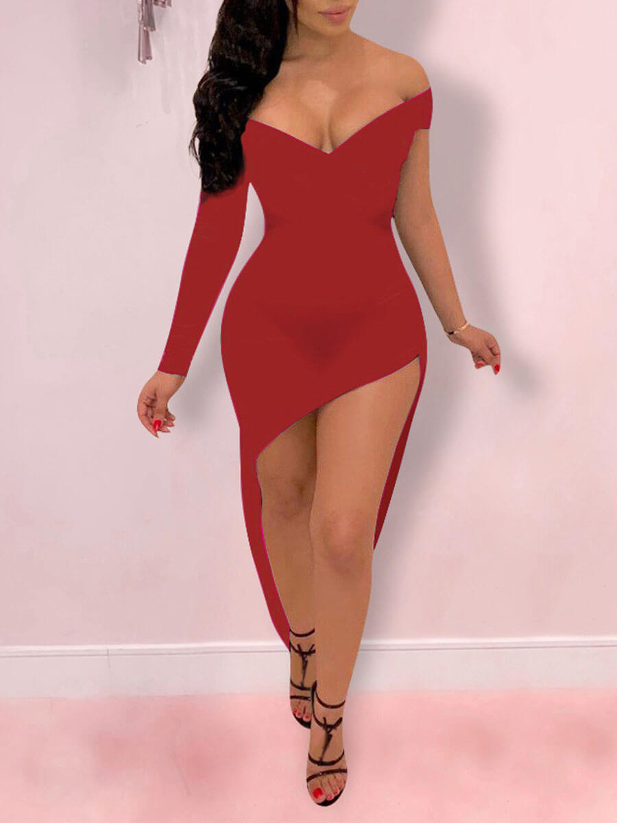 

Lovely Sexy Dew Shoulder Asymmetrical Red Maxi Dress