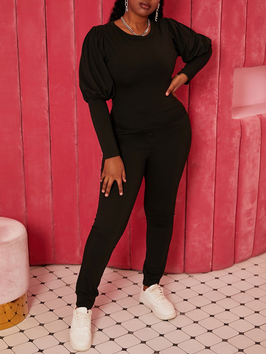 

lovely Leisure Puffed Sleeves Drawstring Black Two Piece Pants Set