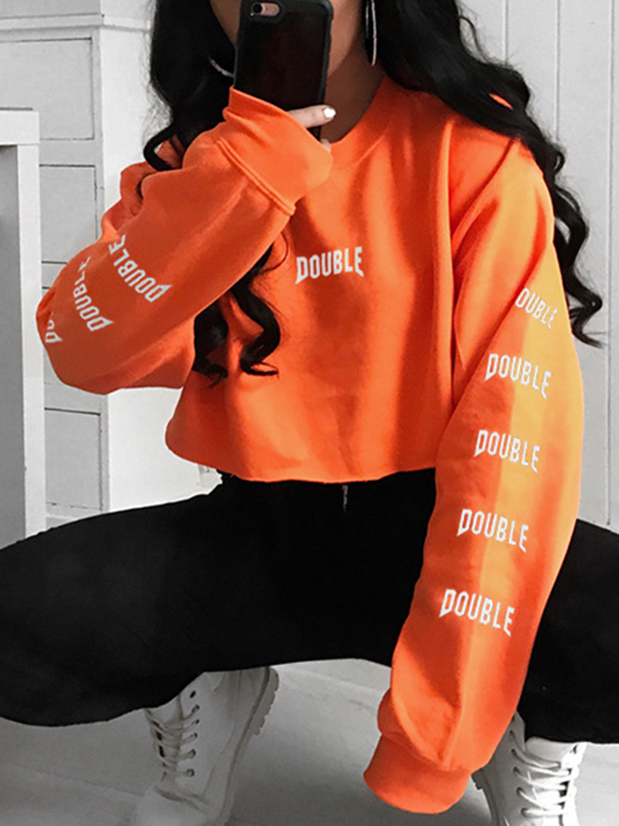 

lovely Casual O Neck Letter Print Orange Short Hoodie