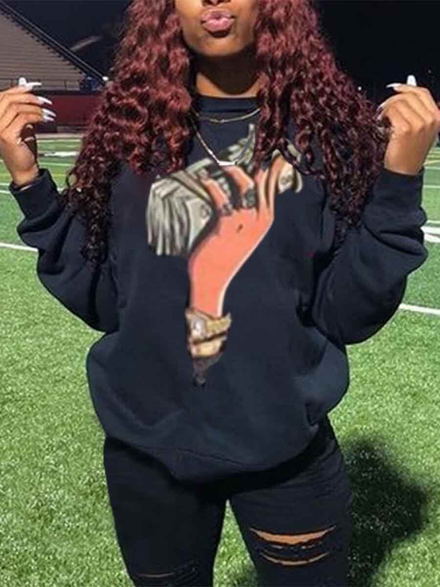 

Lovely Casual O Neck Print Black Hoodie