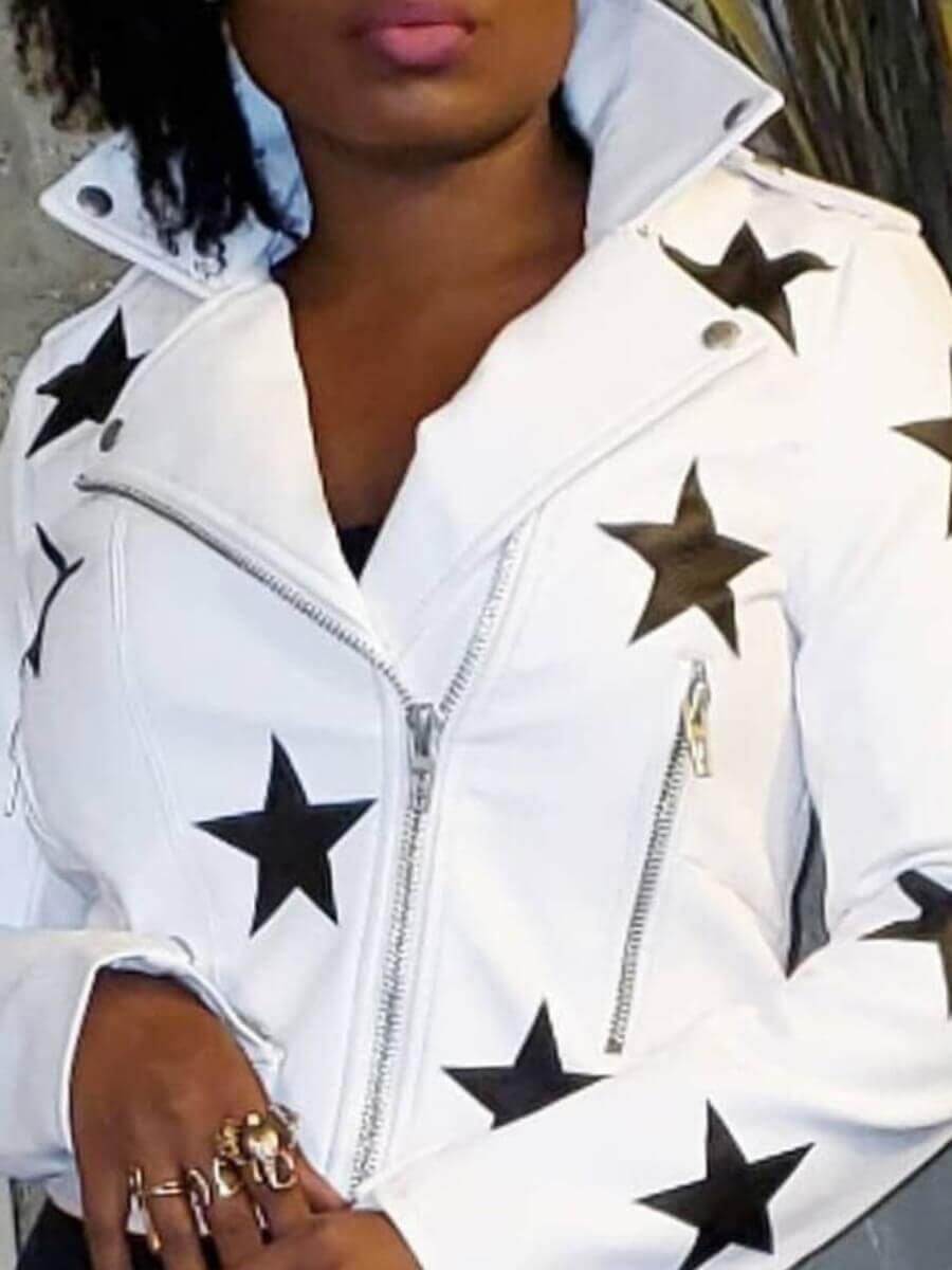 

Lovely Trendy Turndown Collar Pentagram Print Parka, White