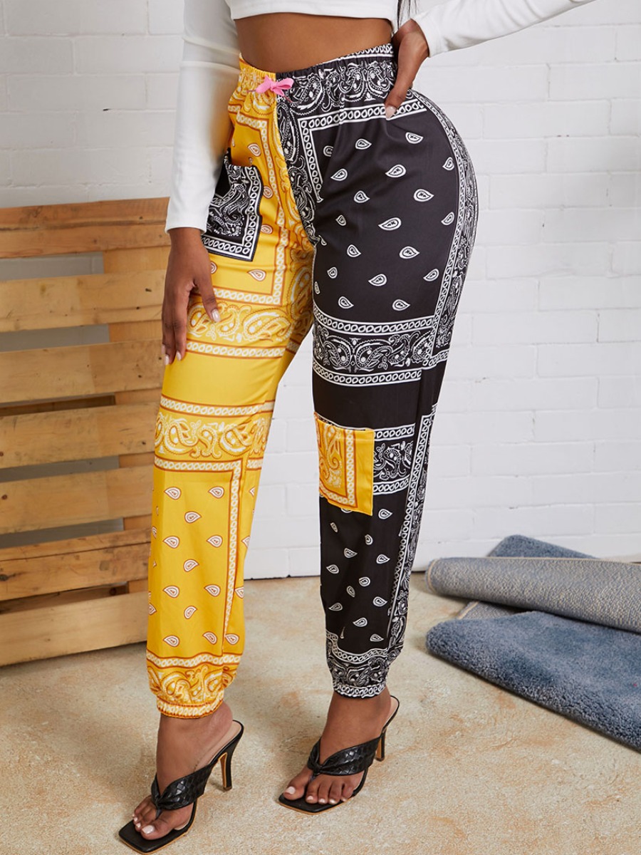 

lovely Street Print Patchwork Black Pants