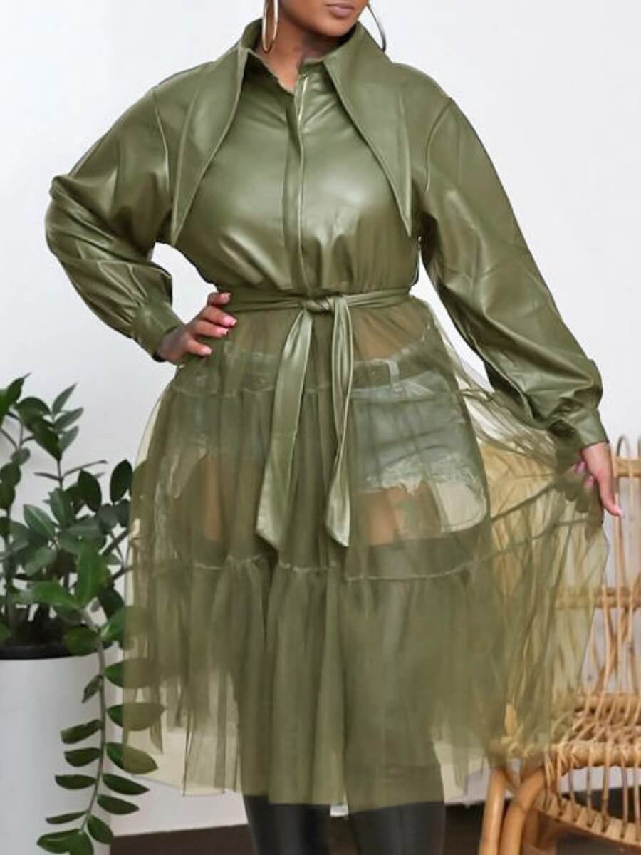 

Lovely Street Turndown Collar Patchwork See-through Olive Blouse