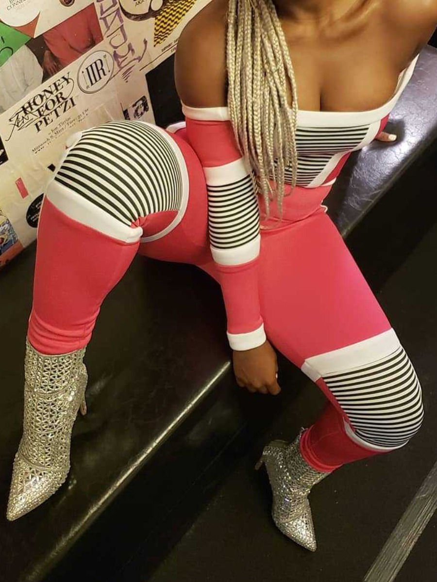 

lovely Trendy Dew Shoulder Striped Patchwork Red One-piece Jumpsuit