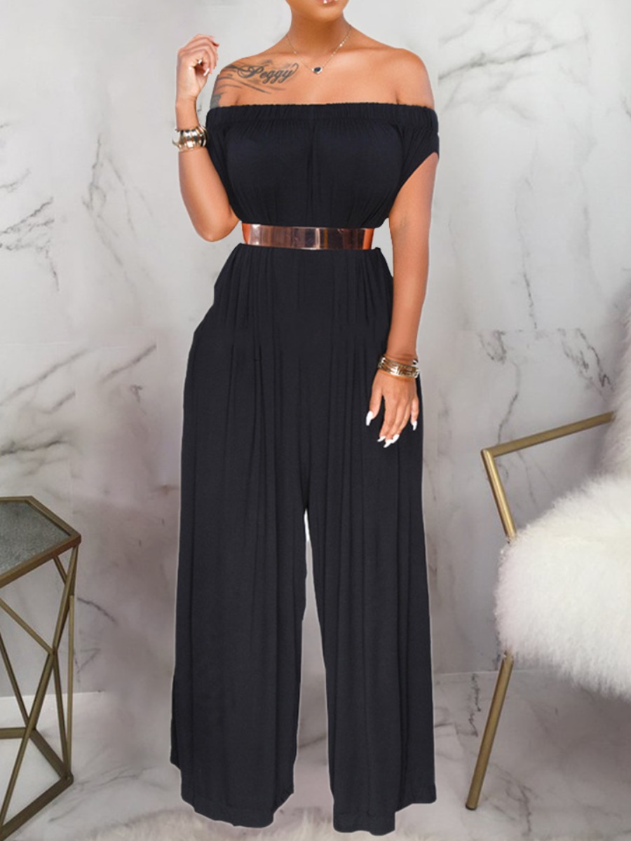 

lovely Leisure Dew Shoulder Loose Black One-piece Jumpsuit