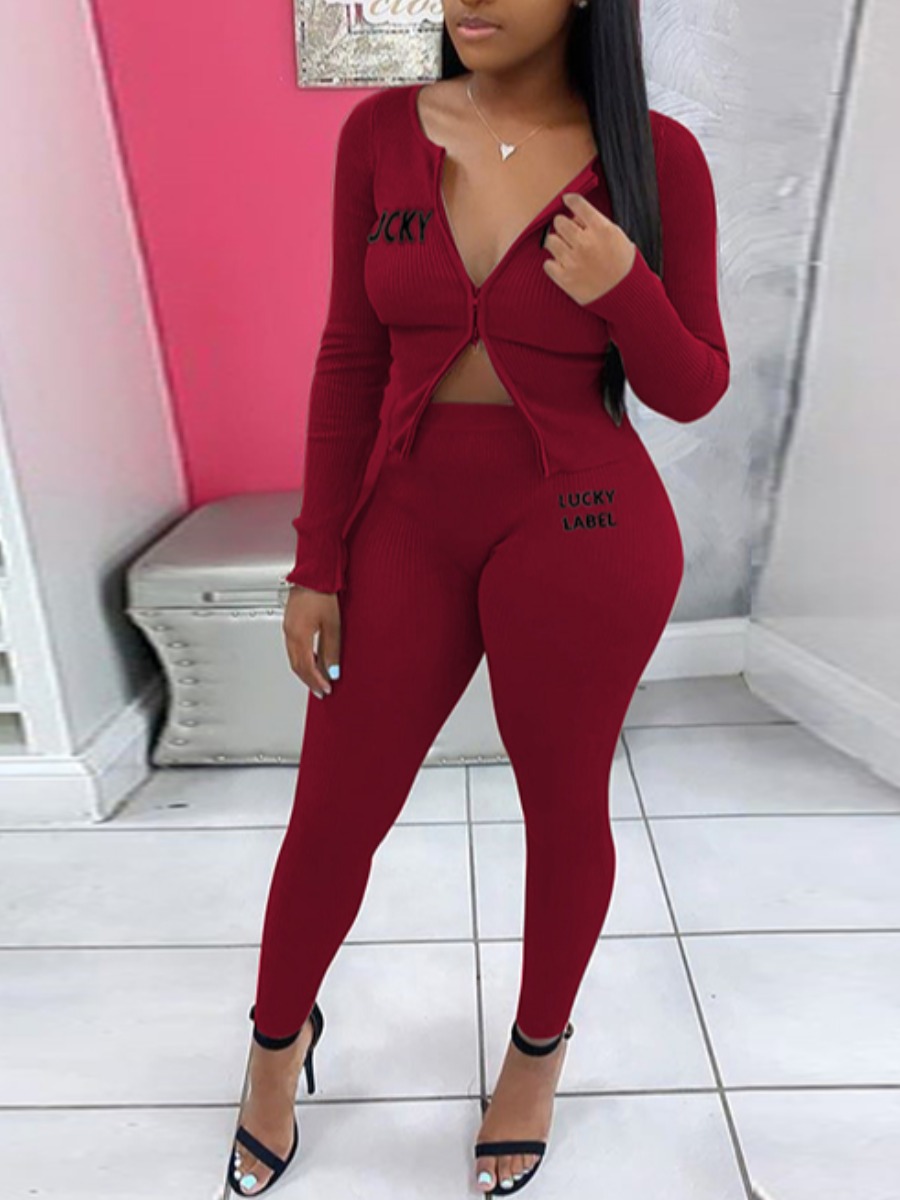 

lovely Leisure Letter Zipper Design Wine Red Two Piece Pants Set