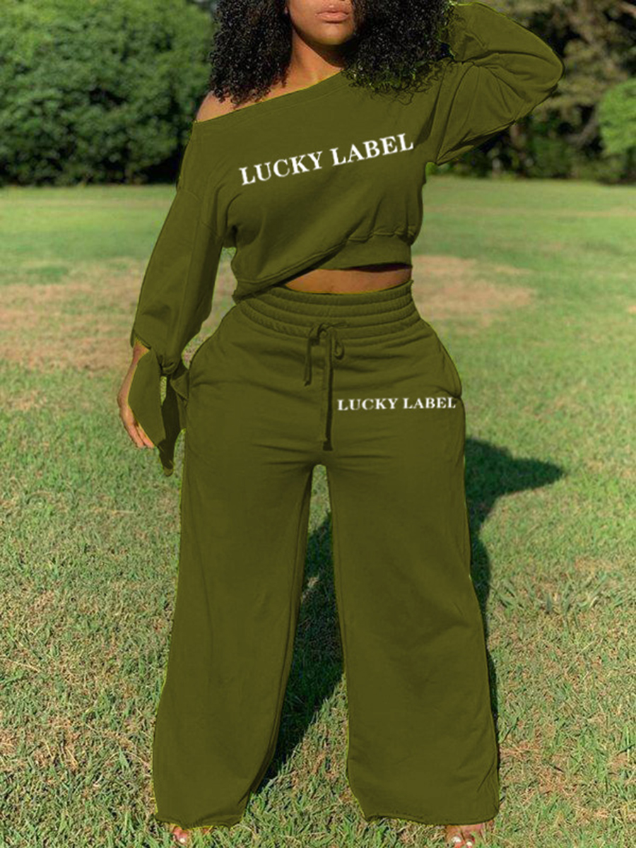 

LW Plus Size Leisure Letter Print Loose Green Two-piece Pants Set