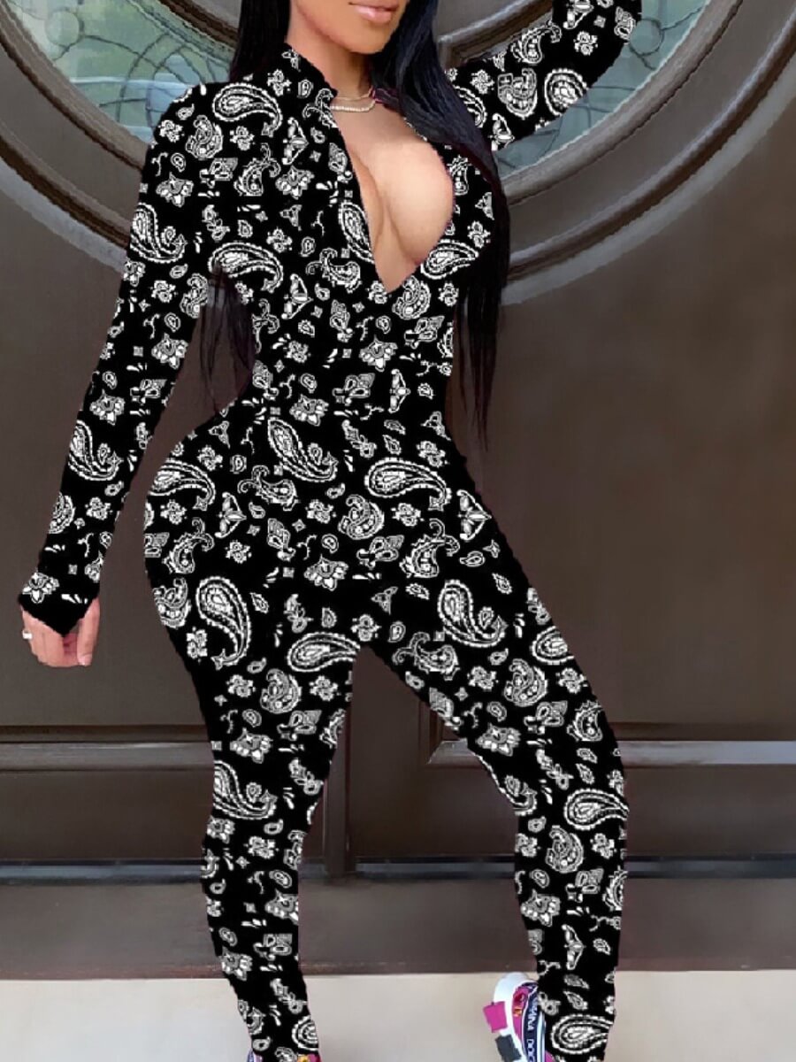 

Lovely Sexy Print Skinny Black One-piece Jumpsuit