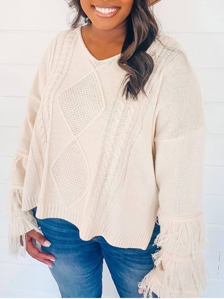 

Lovely Leisure V Neck Tassel Design Apricot Sweater