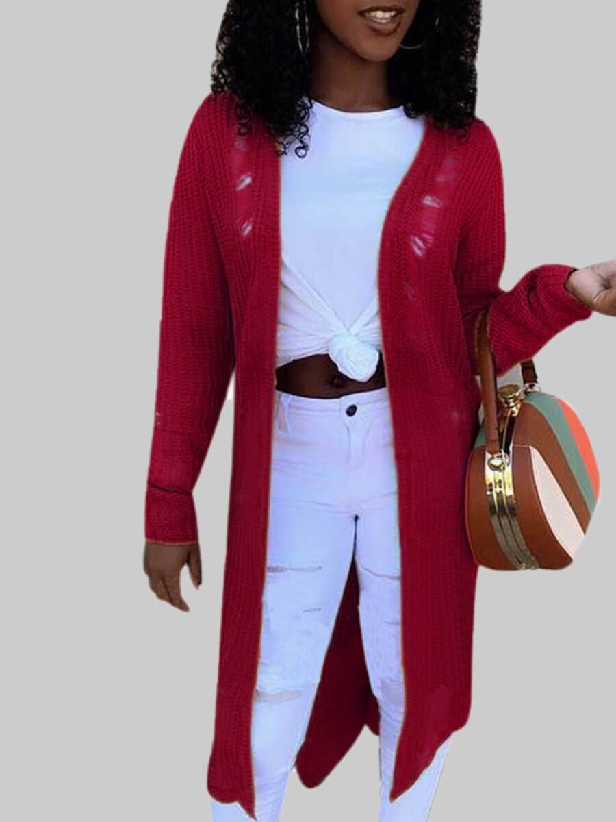 

Lovely Street Broken Holes Long Purplish Red Cardigan