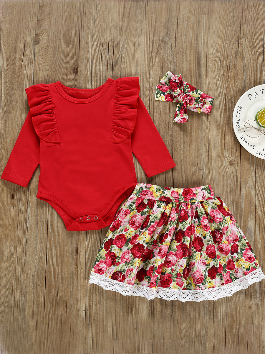 

lovely Sweet O Neck Floral Print Red Girl Two-piece Skirt Set