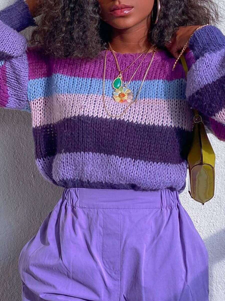 

Lovely Stylish O Neck Striped Patchwork Purple Sweater