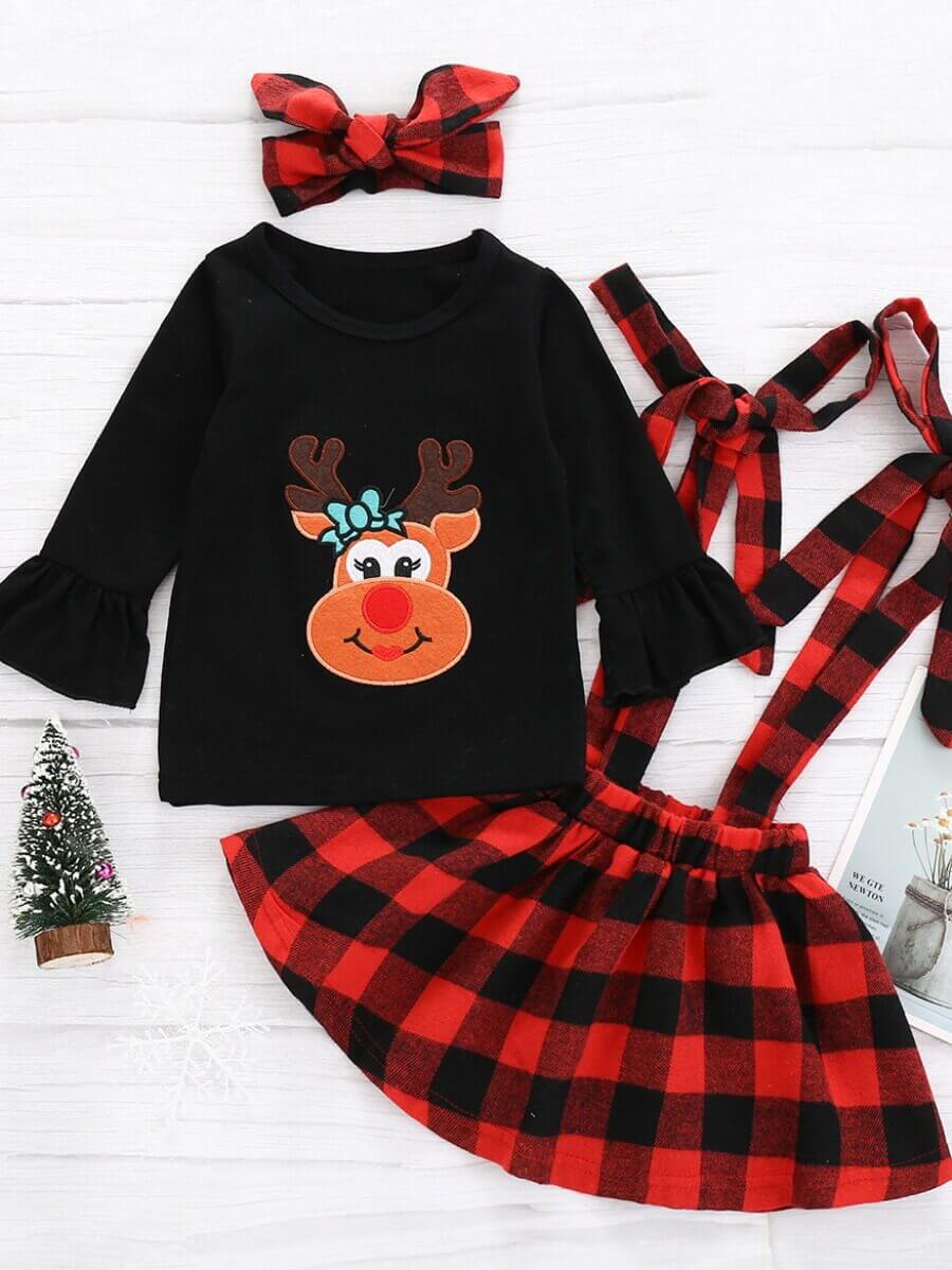 

Lovely Trendy O Neck Grid Print Black And Red Girl Two-piece Skirt Set, Red and black check