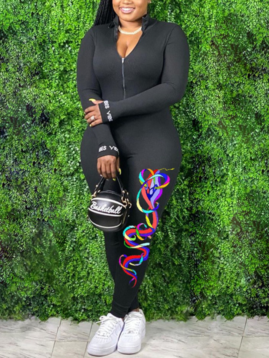 

lovely Sportswear Print Zipper Design Black One-piece Jumpsuit