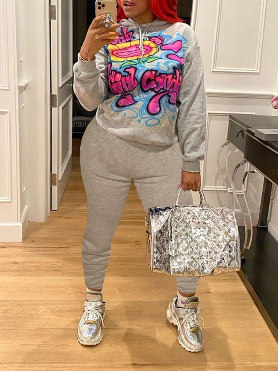 

Lovely Street Hooded Collar Letter Print Grey Two Piece Pants Set