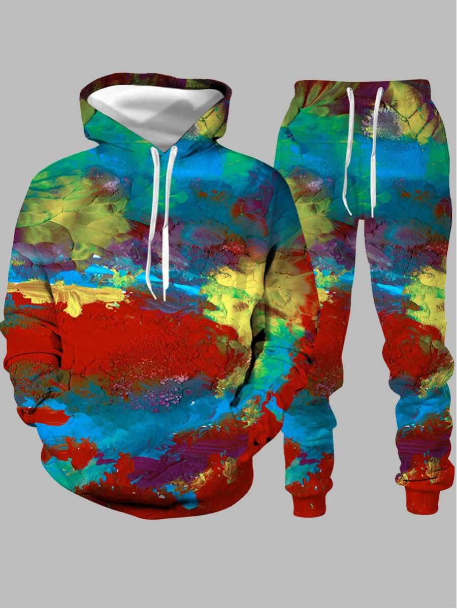 

LW Casual Hooded Collar Tie-dye Multicolor Men Two-piece Pants Set, Multi
