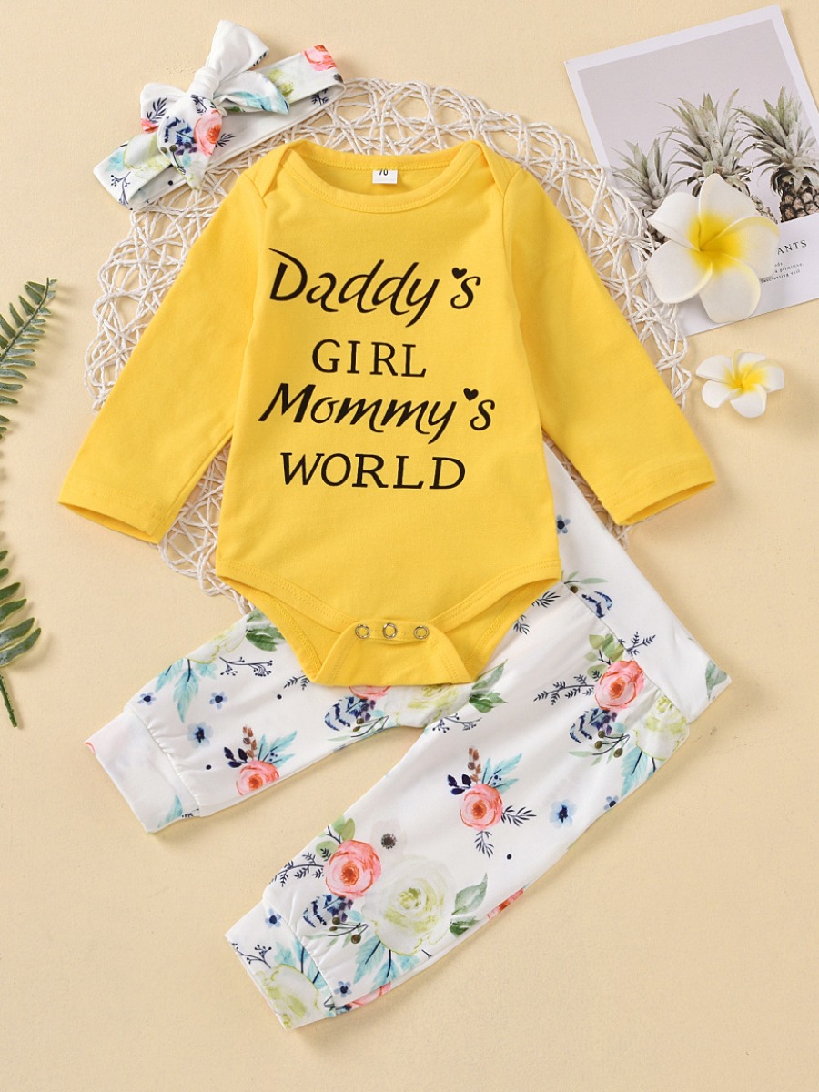 

lovely Casual O Neck Print Yellow Girl Two-piece Pants Set