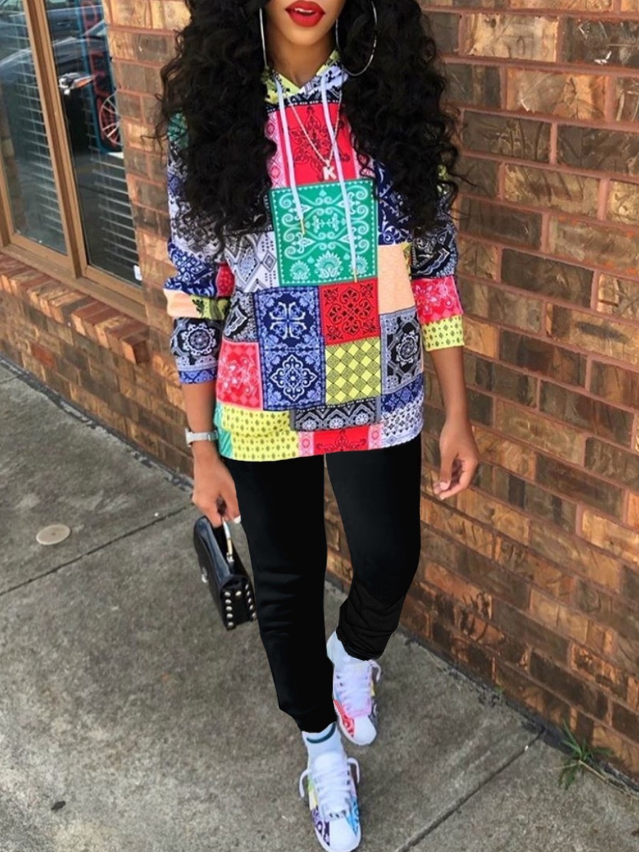 

lovely Street Hooded Collar Print Multicolor Two Piece Pants Set, Multi
