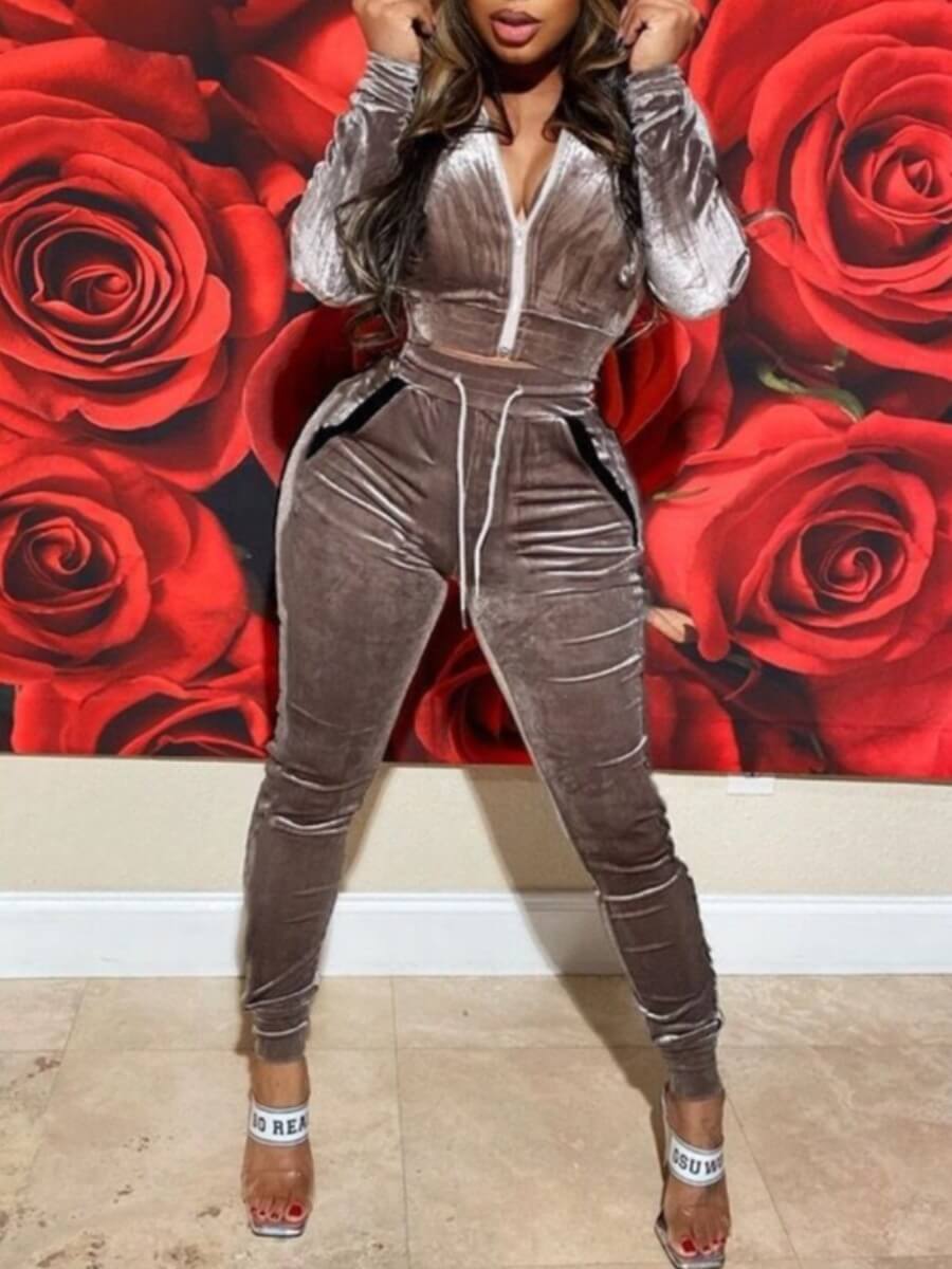 

Lovely Casual Zipper Design Skinny Taupe Two Piece Pants Set