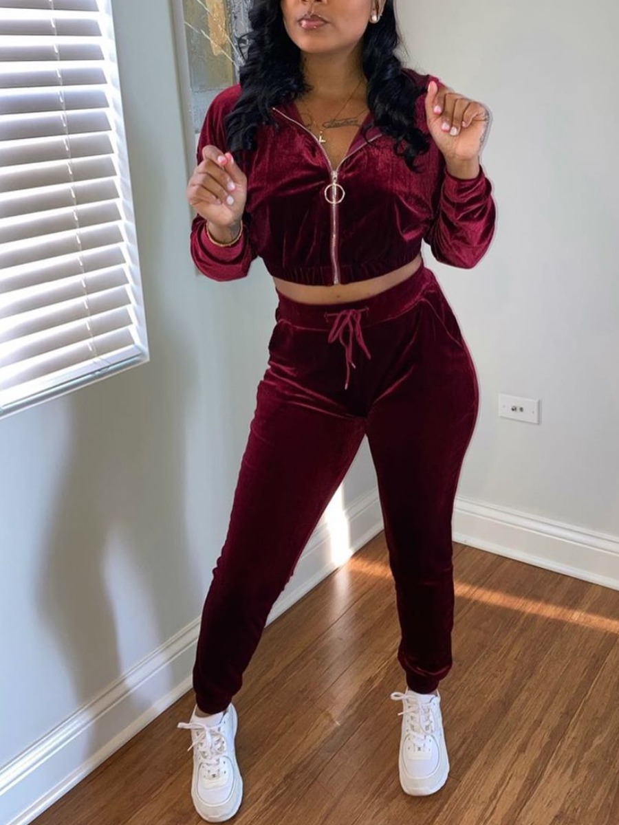 

lovely Casual Hooded Collar Zipper Design Wine Red Two Piece Pants Set