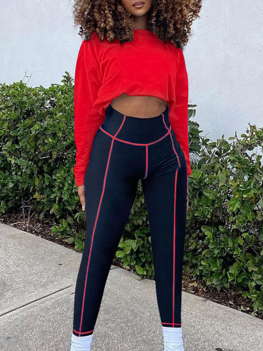 

lovely Sportswear O Neck Patchwork Red Two Piece Pants Set