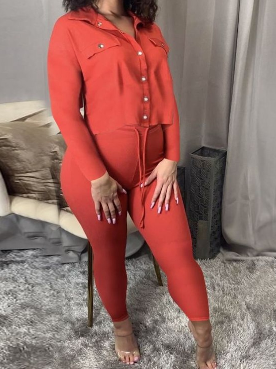 

lovely Casual Turndown Collar Buttons Design Red Two Piece Pants Set