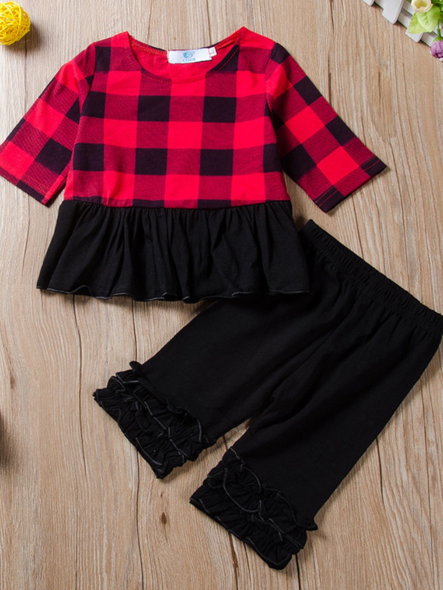 

lovely Casual O Neck Grid Print Red And Black Girl Two-piece Pants Set, Red and black check