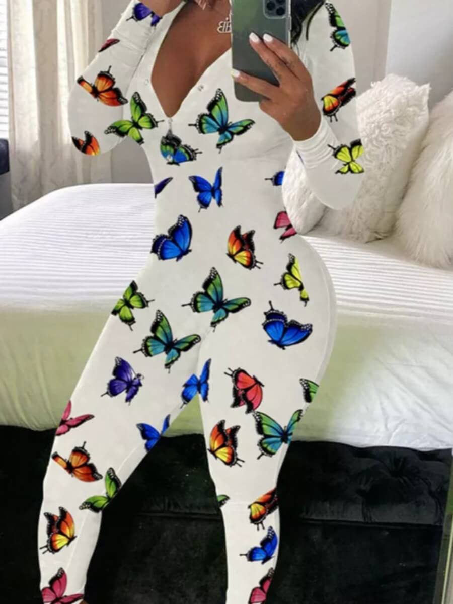 

Lovely Stylish V Neck Butterfly Print White Sleepwear