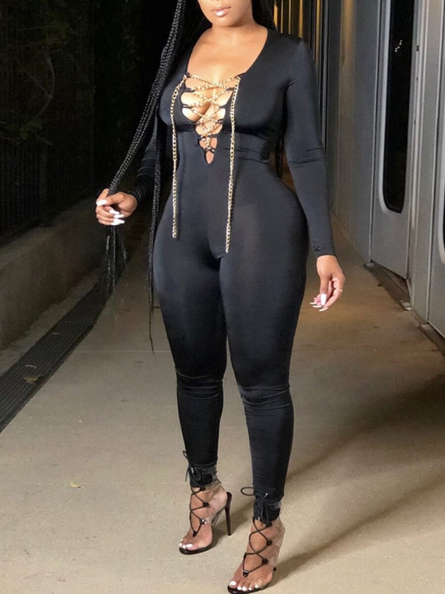 

lovely Sexy Bandage Design Skinny Black One-piece Jumpsuit