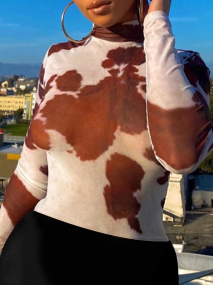 

Lovely Plus Size Casual Turtleneck Print Cow Grain T-shirt