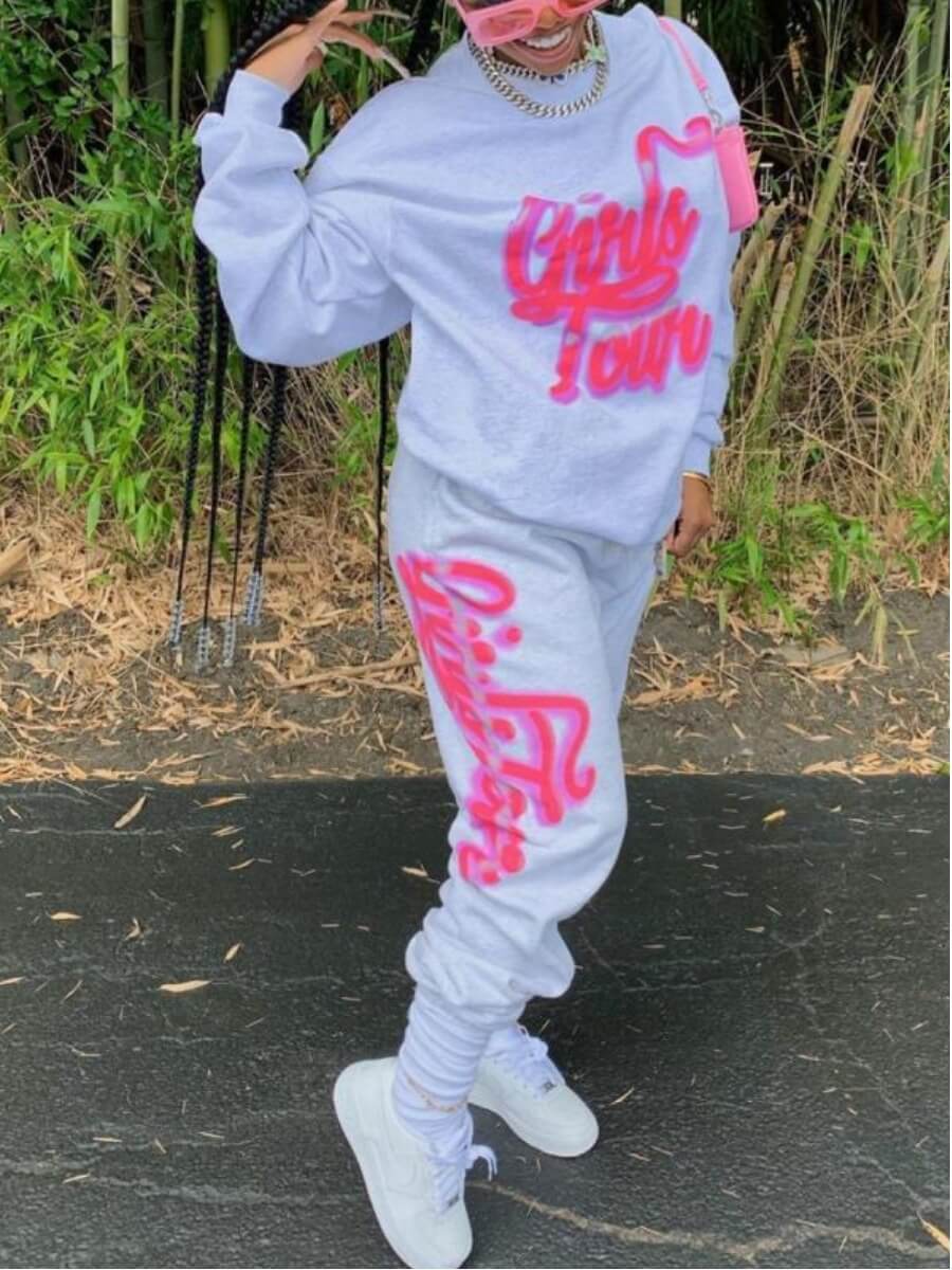 

Lovely Sportswear O Neck Letter Print Grey Plus Size Two-piece Pants Set