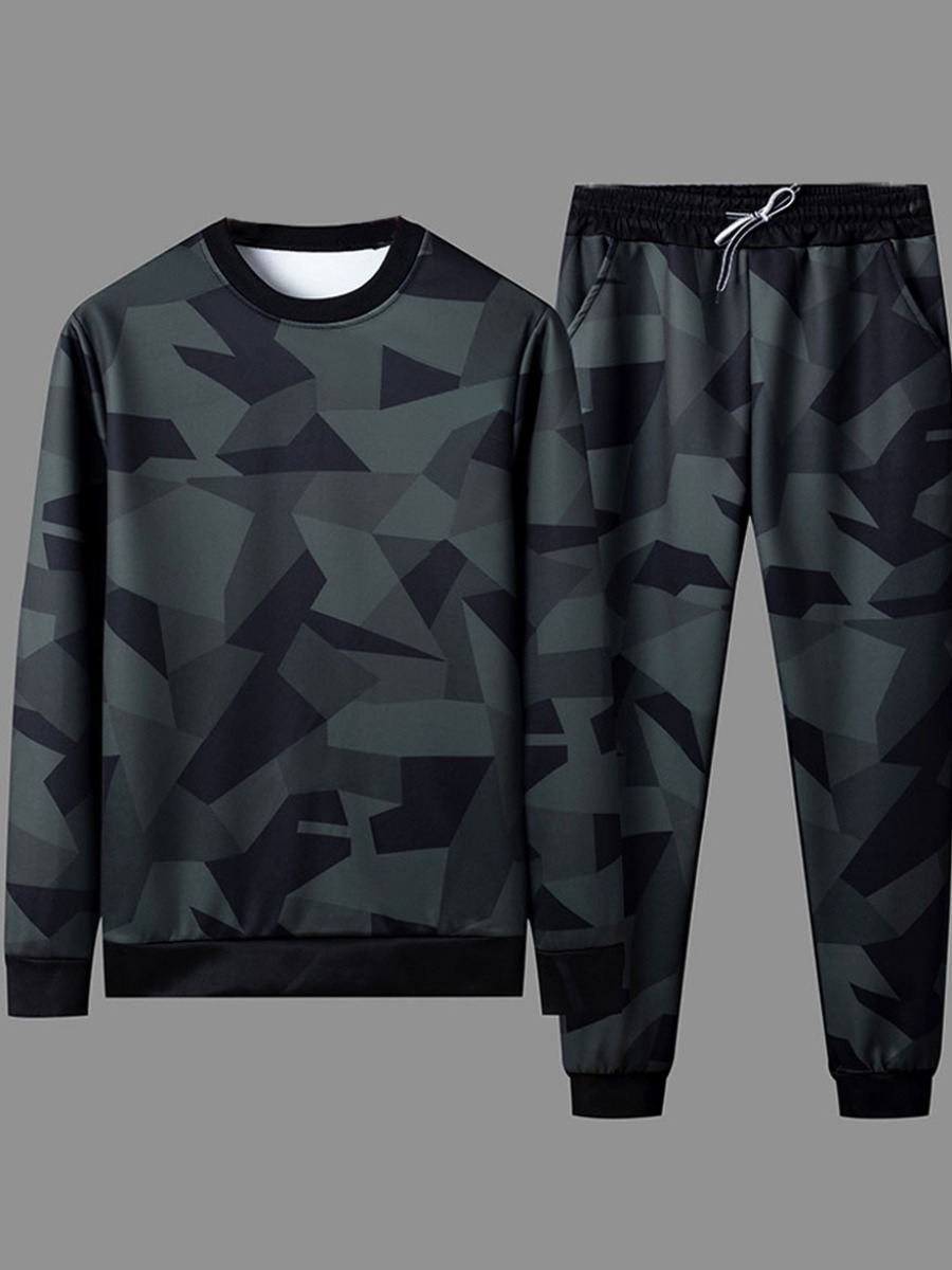 

lovely Casual O Neck Camo Print Army Green Men Two-piece Pants Set, Army green camouflag