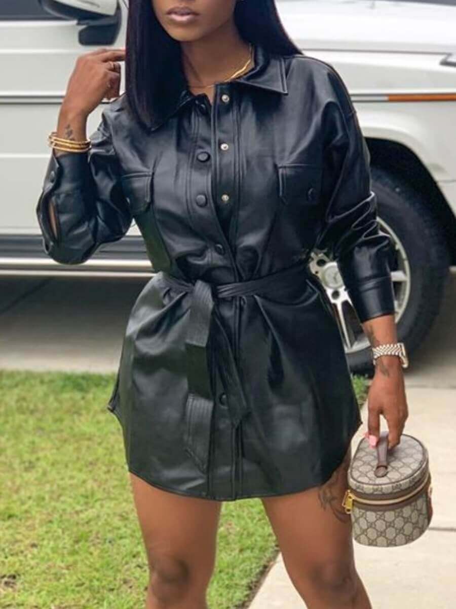 

Lovely Casual Turndown Collar Buttons Design Black Mini Dress