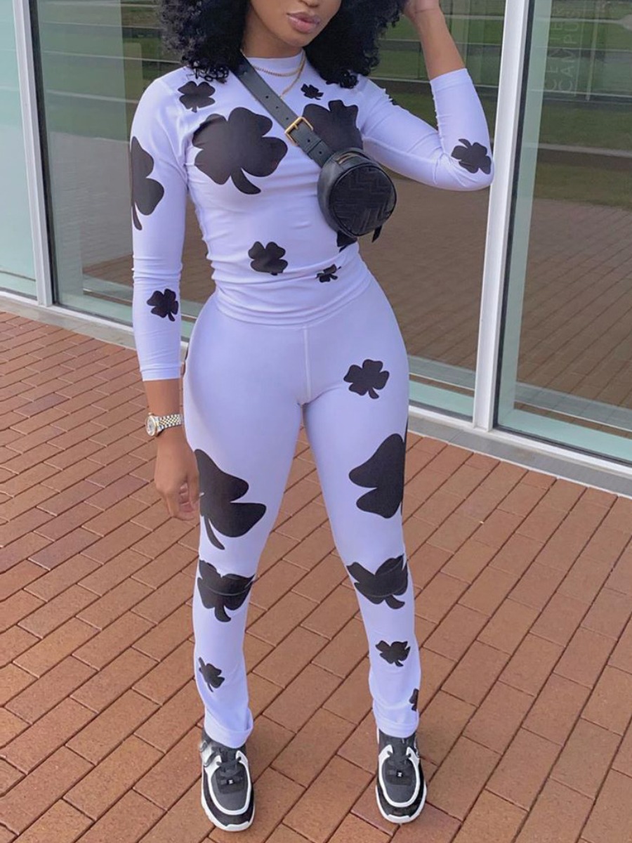 

lovely Leisure O Neck Print White Two Piece Pants Set
