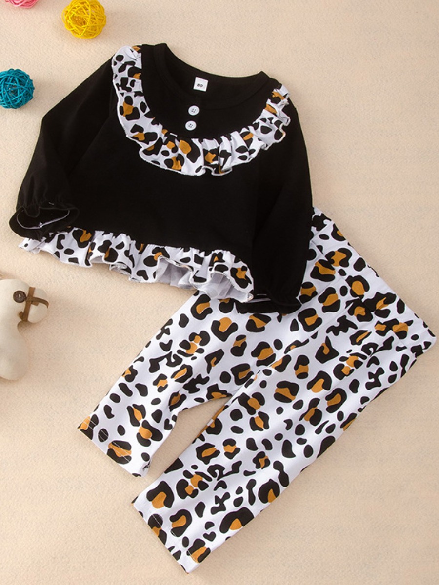 

lovely Casual O Neck Print Patchwork Black Girl Two-piece Pants Set