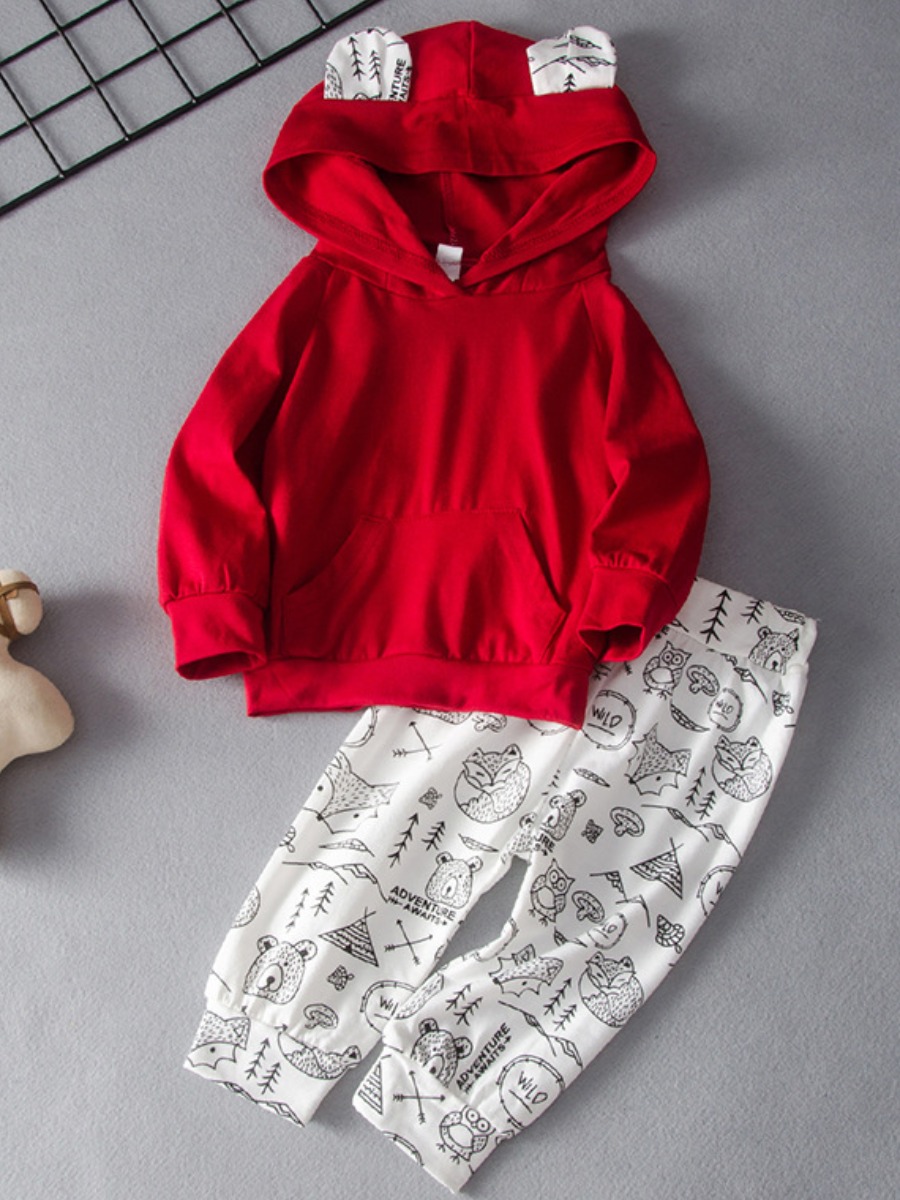 

lovely Trendy Hooded Collar Print Red Girl Two-piece Pants Set