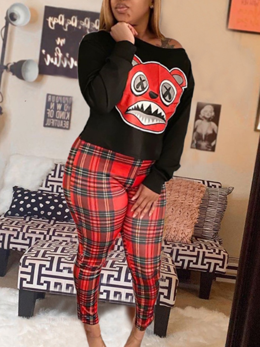 

Lovely Casual O Neck Cartoon Print Black Two Piece Pants Set