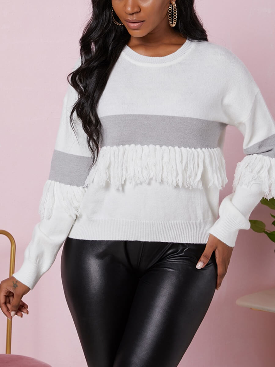

Lovely Casual O Neck Patchwork Tassel Design White Sweater