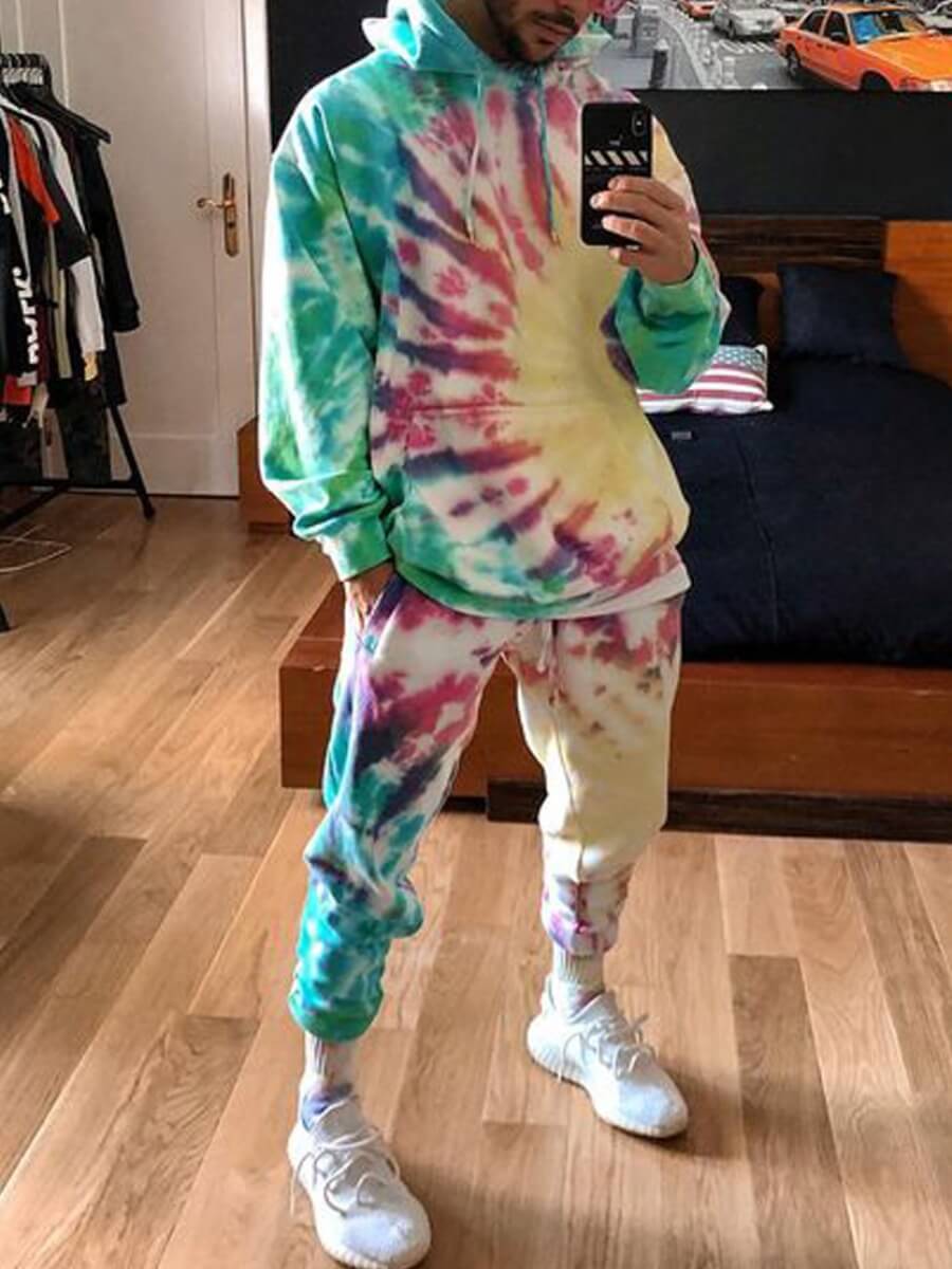 

Lovely Sportswear Hooded Collar Tie-dye Multicolor Men Two-piece Pants Set, Multi