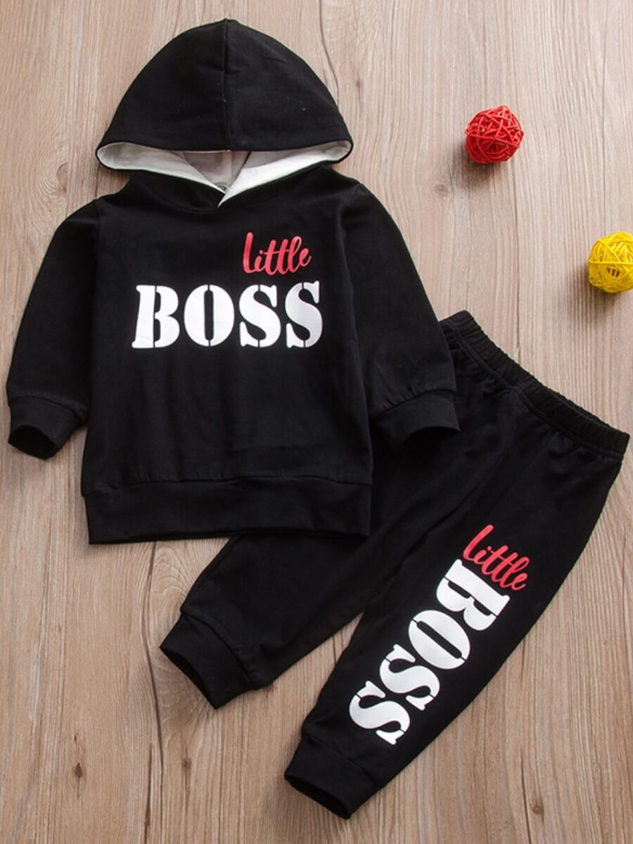 

Lovely Boy Street Hooded Collar Print Black Two-piece Pants Set