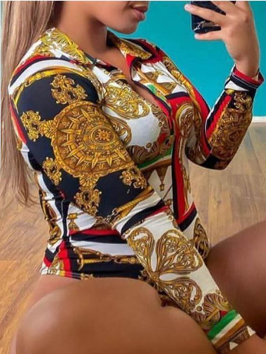 

Lovely Plus Size BohoTurndown Collar Print Patchwork Multicolor Bodysuit, Multi