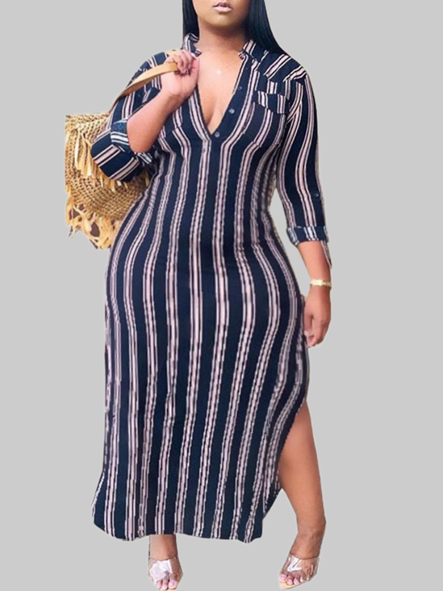 

lovely Stylish Striped Side Slit Blue Ankle Length Plus Size Dress