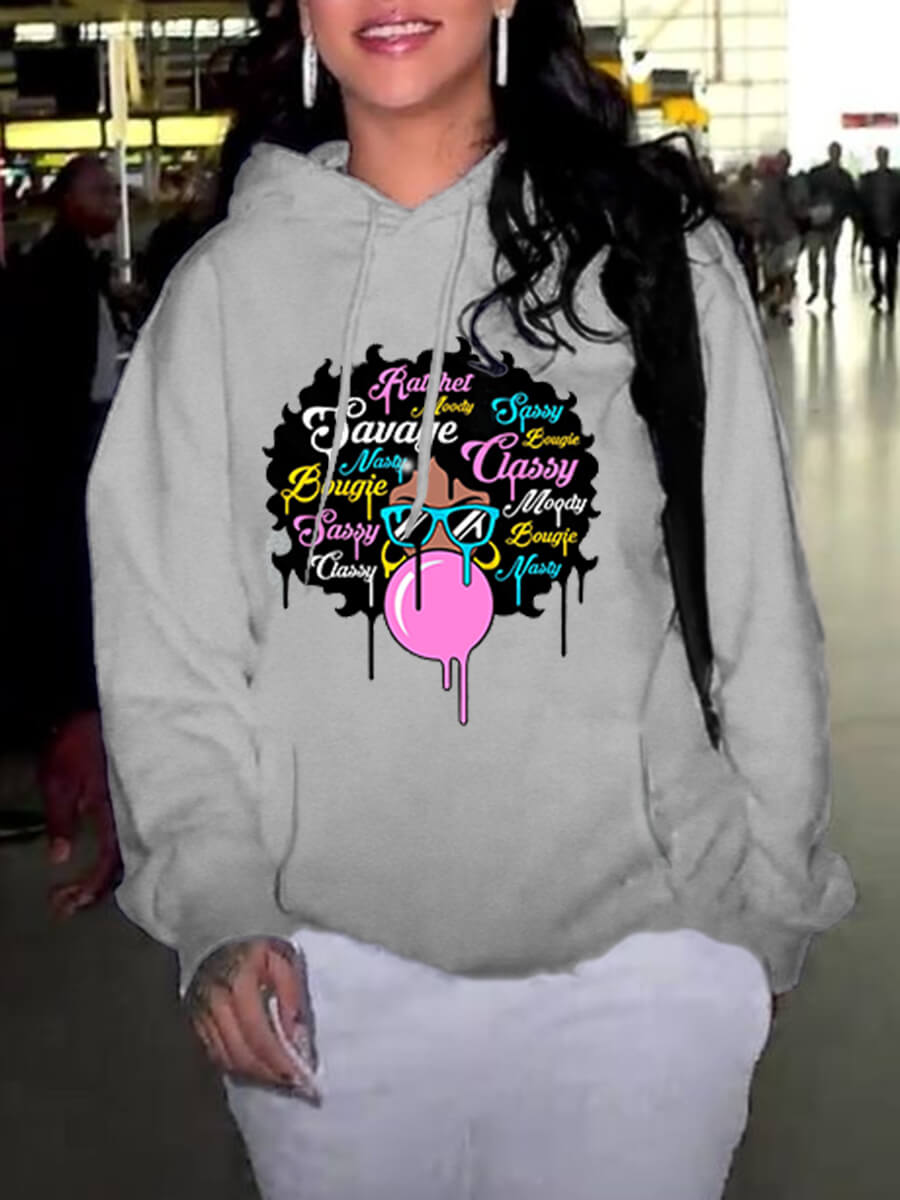 

Lovely Casual Hooded Collar Print Grey Hoodie