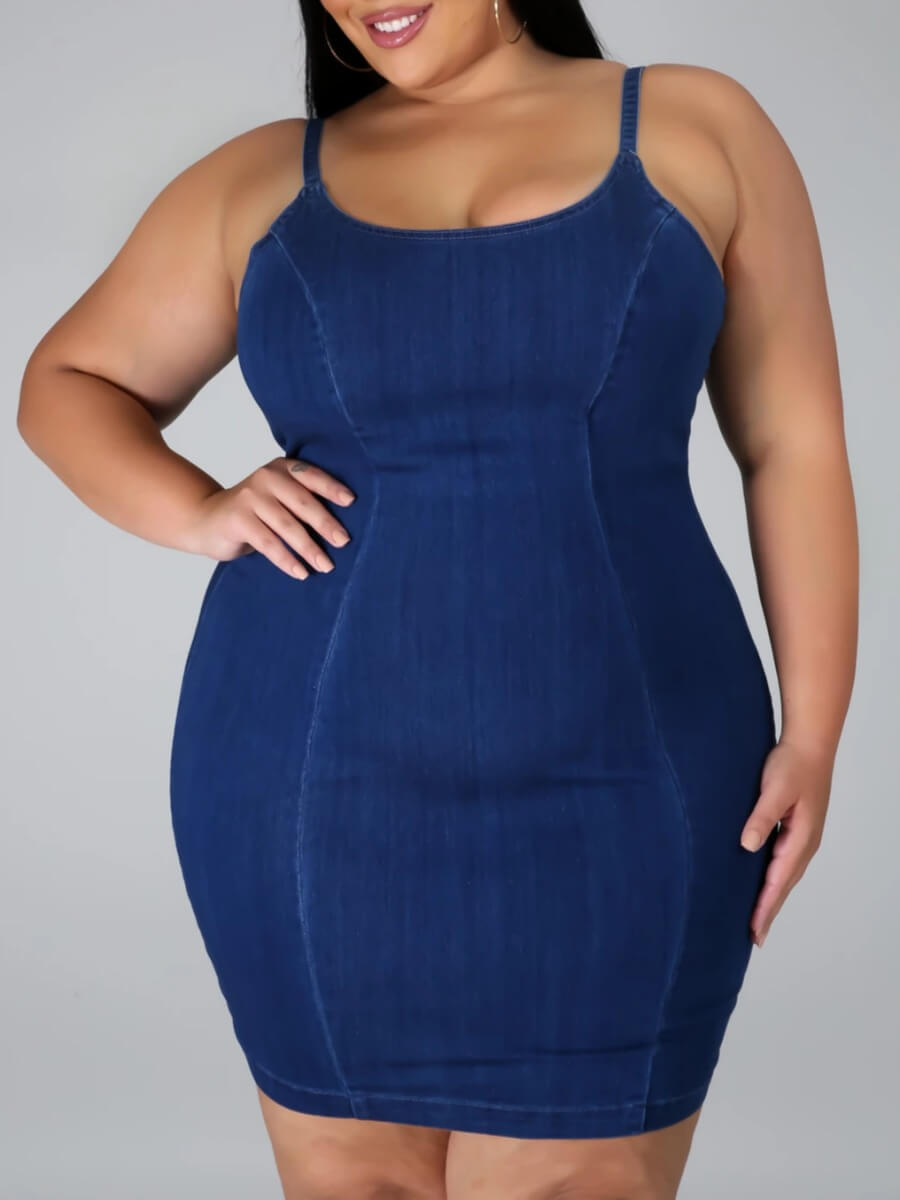 

Lovely Stylish Spaghetti Strap Patchwork Blue Knee Length Plus Size Dress