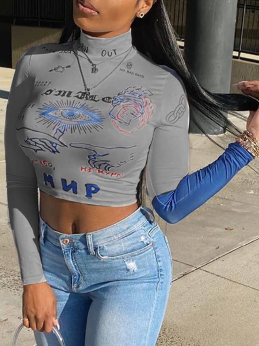 

Lovely Casual Turtleneck Letter Print Patchwork Grey T-shirt