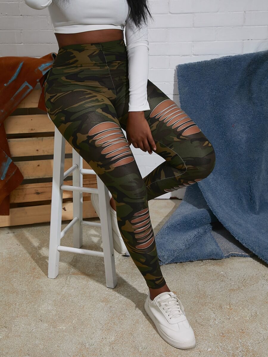 

Lovely Trendy Camo Print Broken Holes Leggings