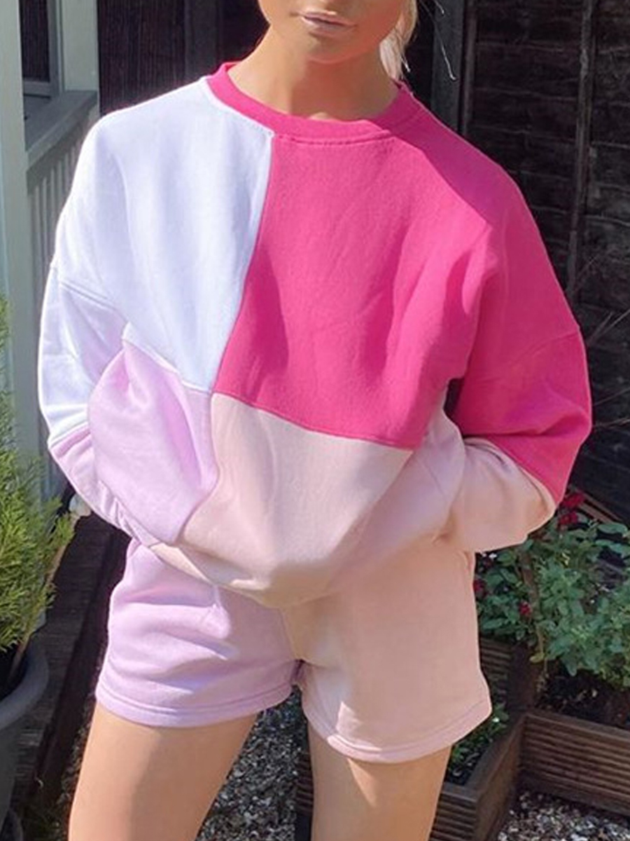 

Lovely Casual O Neck Patchwork Pink Hoodie