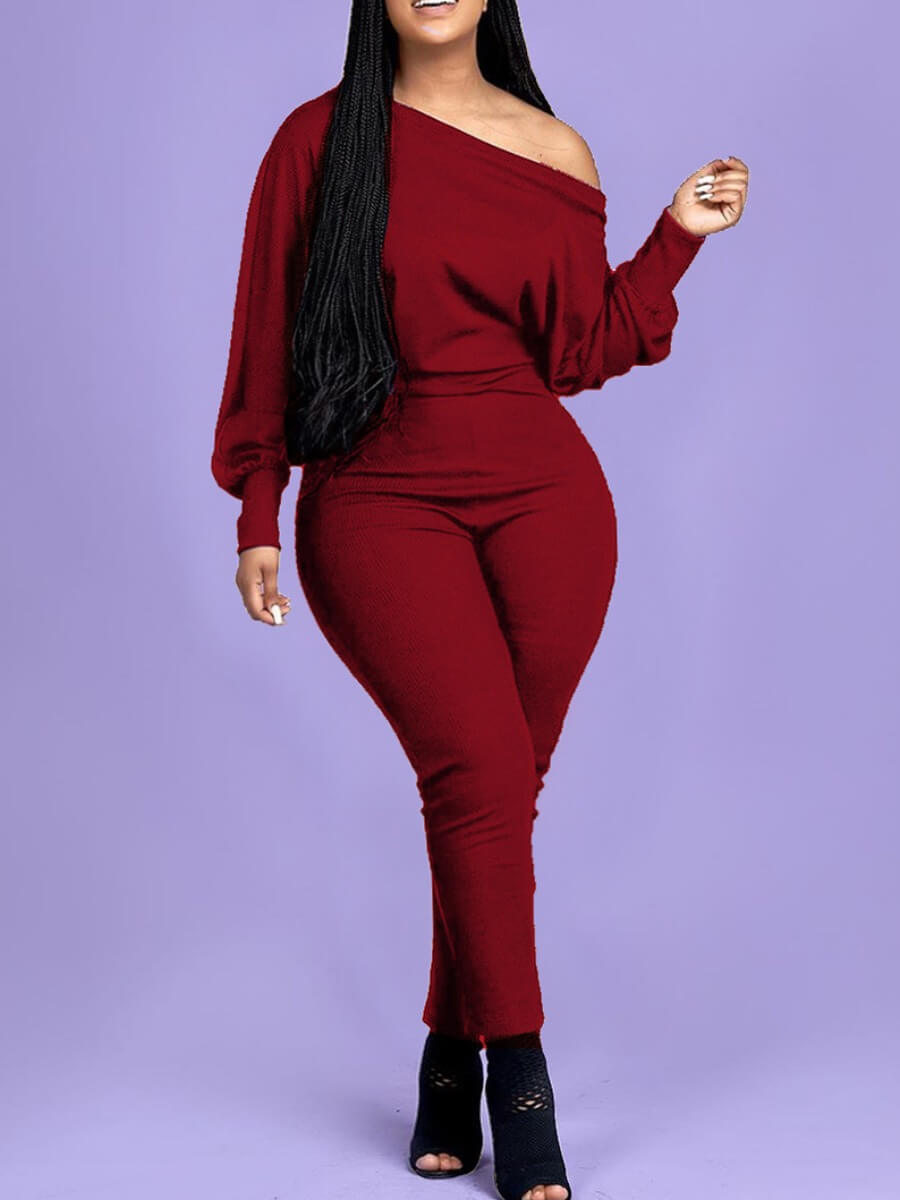 

LW BASICS Plus Size Leisure Skinny Wine Red One-piece Jumpsuit